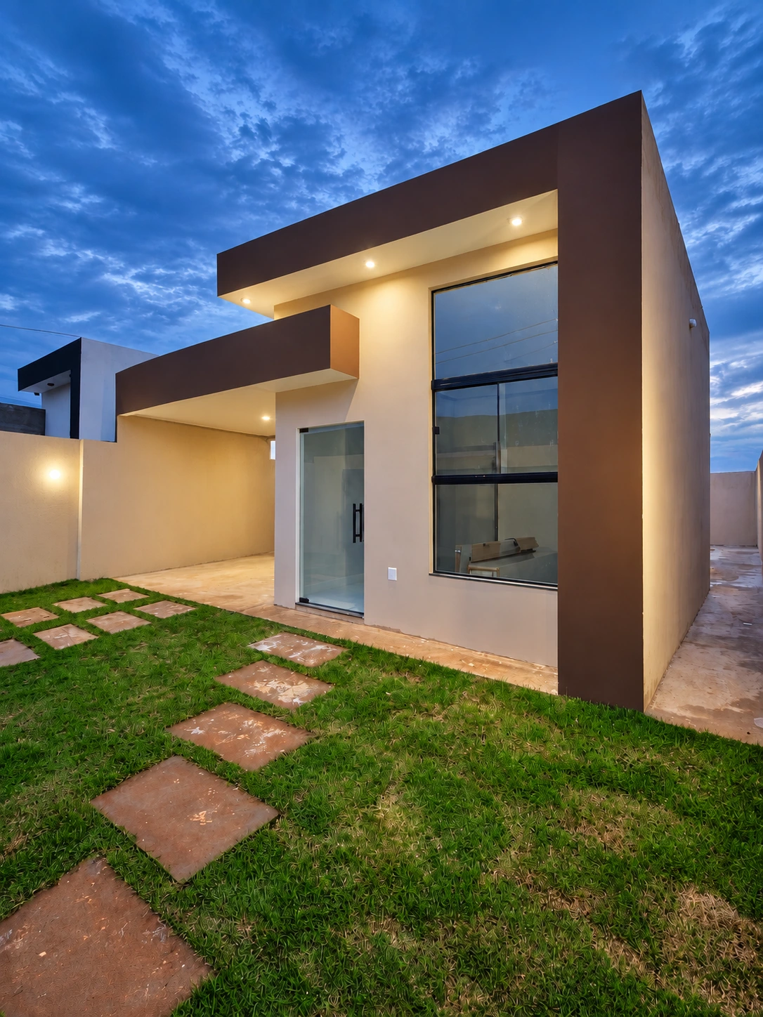 Residência com jardim e fachada iluminada ao entardecer